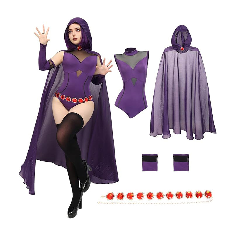 Women Rachel Roth Cosplay Bodysuit Set With Purple Hooded Cloak and Gem Stone Belt