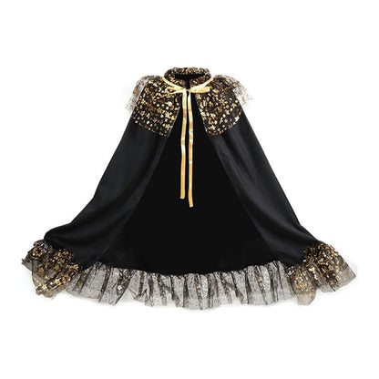 Girl Witch Cape with Velvet Ruffled Starry Mesh Wizard Cloak Cosplay Cape for Halloween