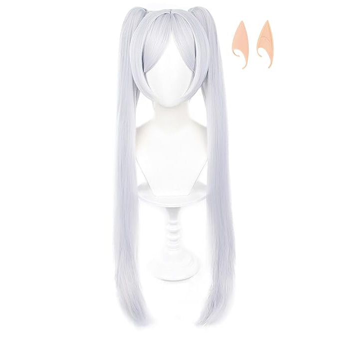 Frieren Cosplay Wig with Elf Ears Long Silver Wig Ponytails with Bangs for Halloween Costume Party