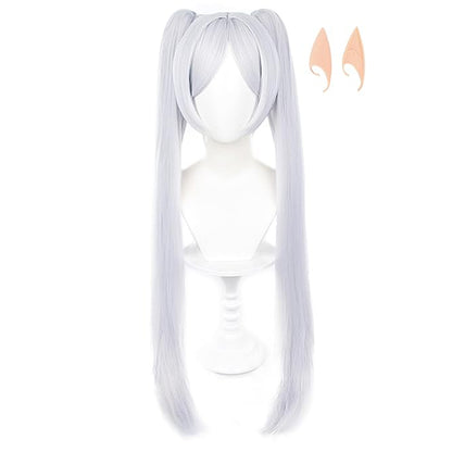 Frieren Cosplay Wig with Elf Ears Long Silver Wig Ponytails with Bangs for Halloween Costume Party