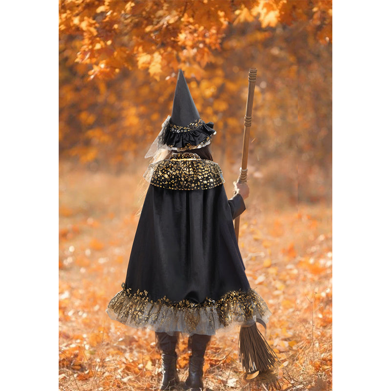 Girl Witch Cape with Velvet Ruffled Starry Mesh Wizard Cloak Cosplay Cape for Halloween