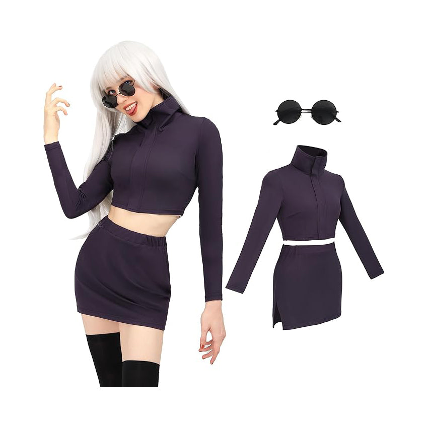 Satoru Cosplay JJK Women Costume US Size Female Set Bodycon Crop Shirt and Skirt with Glasses