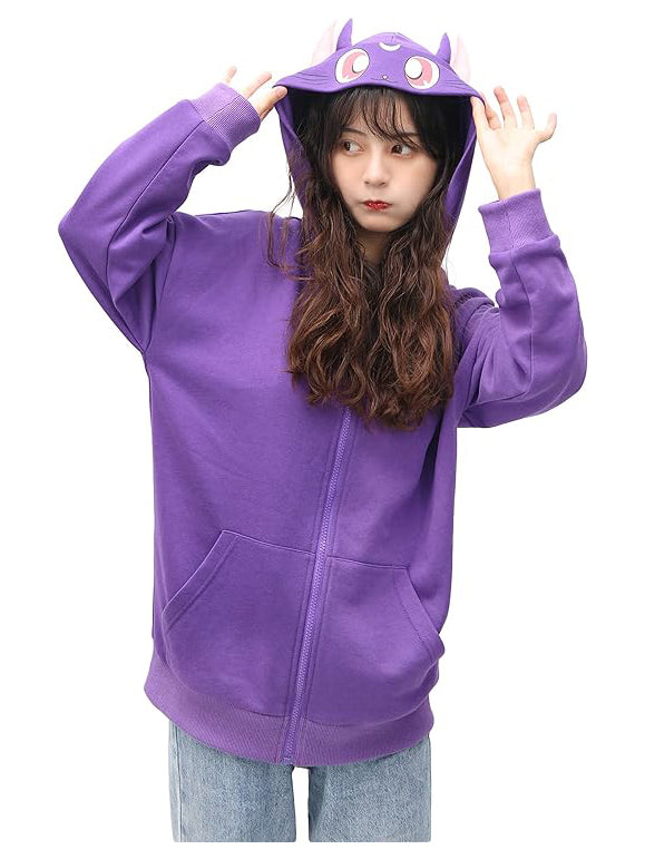 Sailor Luna Cosplay Hoodie Purple Cat Ears Sweater with Moon for Halloween Costume