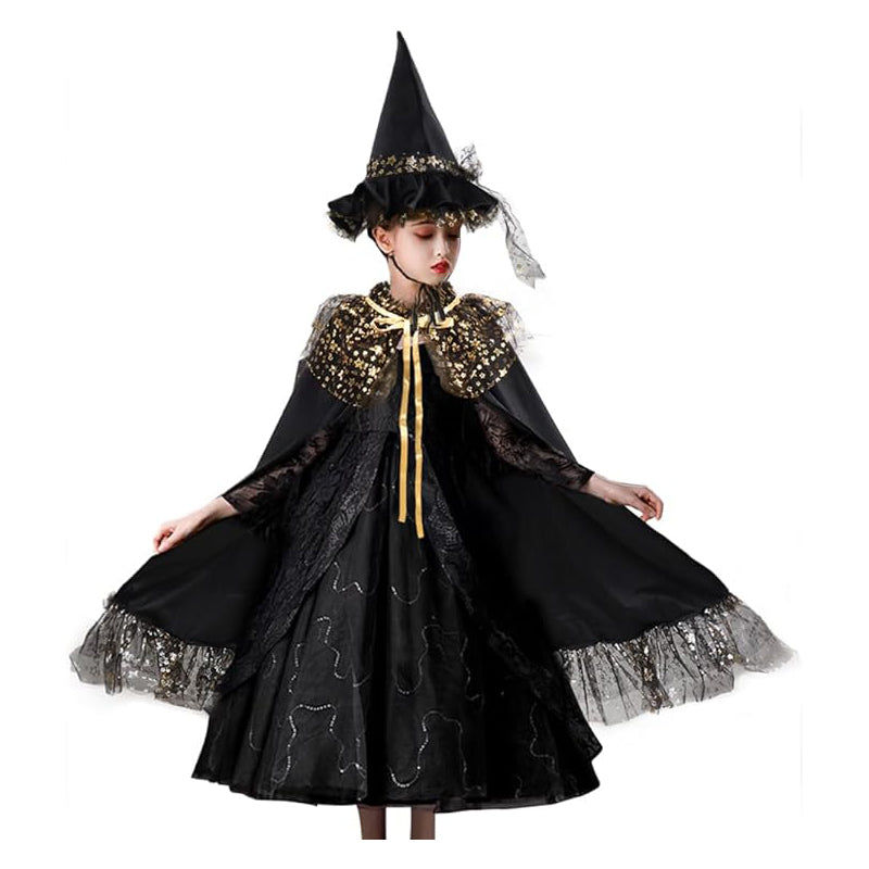 Girl Witch Cape with Velvet Ruffled Starry Mesh Wizard Cloak Cosplay Cape for Halloween