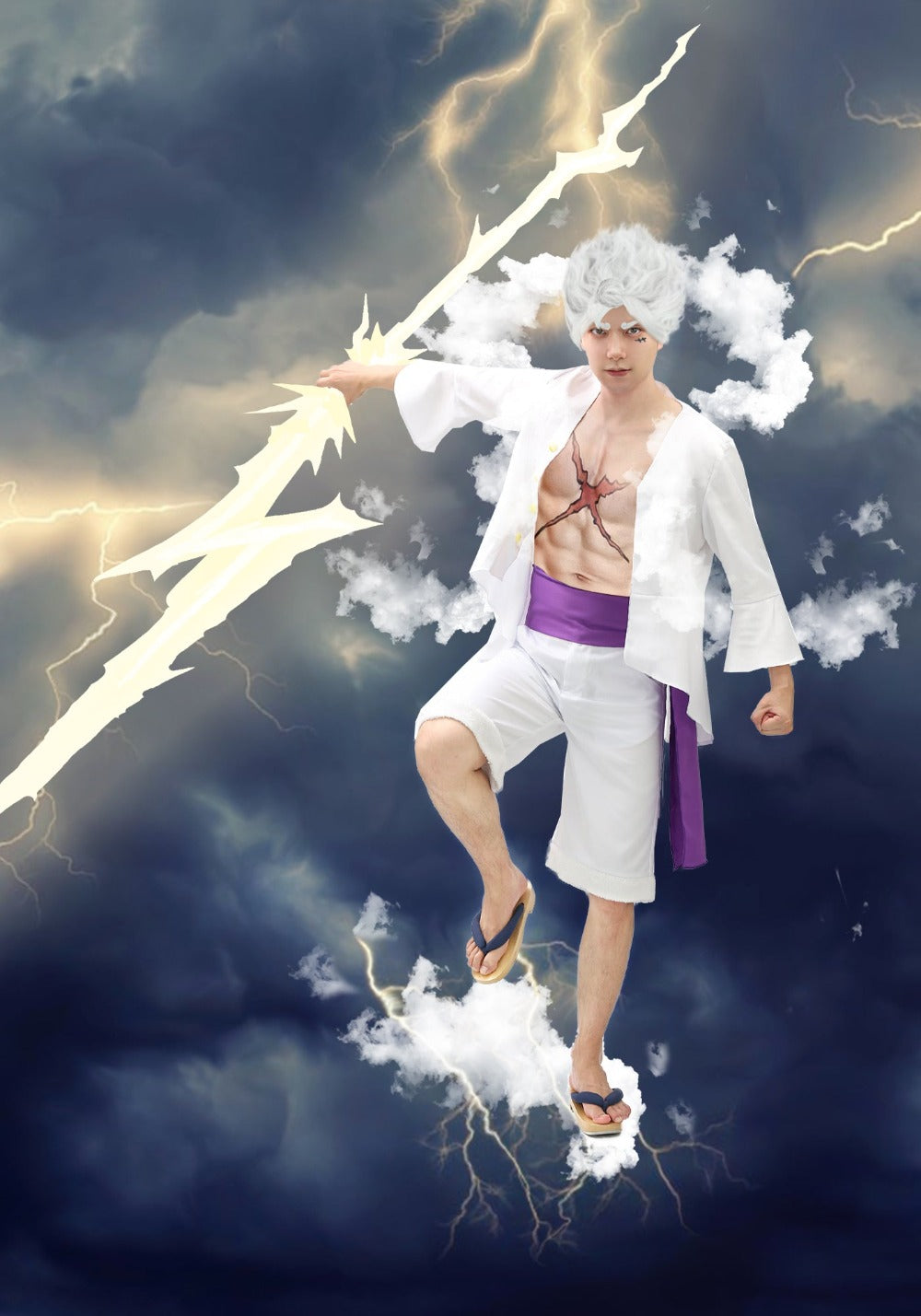 Luffy 5th Gear Cosplay Costume | White Shirt, Pants, and Purple 