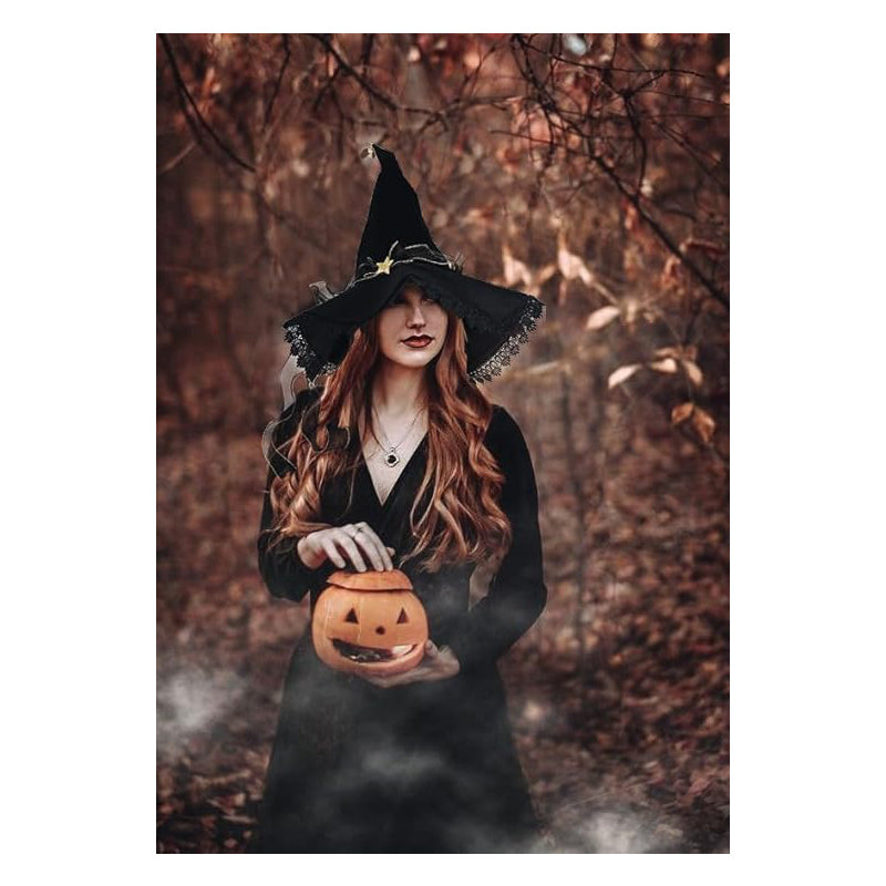 Women Witch Hat Black Velvet with Lace Brim Wizard Cosplay Hat