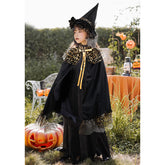 Girl Witch Cape with Velvet Ruffled Starry Mesh Wizard Cloak Cosplay Cape for Halloween