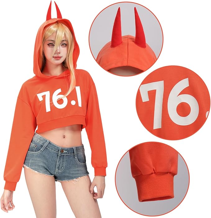 Women 76.1 Power Cosplay Hoodie Crop Shirt with Horns