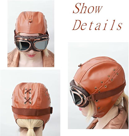 Women Steampunk PU Leather Aviator Hat Pilot Cap with Ear Flaps