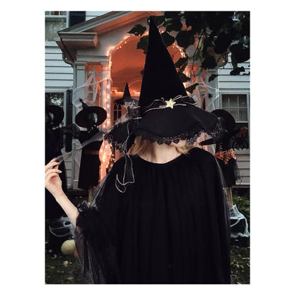 Women Witch Hat Black Velvet with Lace Brim Wizard Cosplay Hat