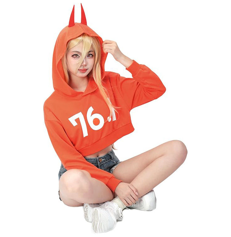 Women 76.1 Power Cosplay Hoodie Crop Shirt with Horns