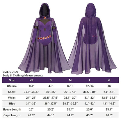 Women Rachel Roth Cosplay Bodysuit Set With Purple Hooded Cloak and Gem Stone Belt