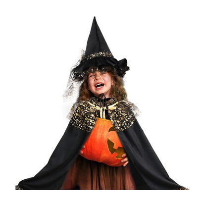 Girl Witch Cape with Velvet Ruffled Starry Mesh Wizard Cloak Cosplay Cape for Halloween