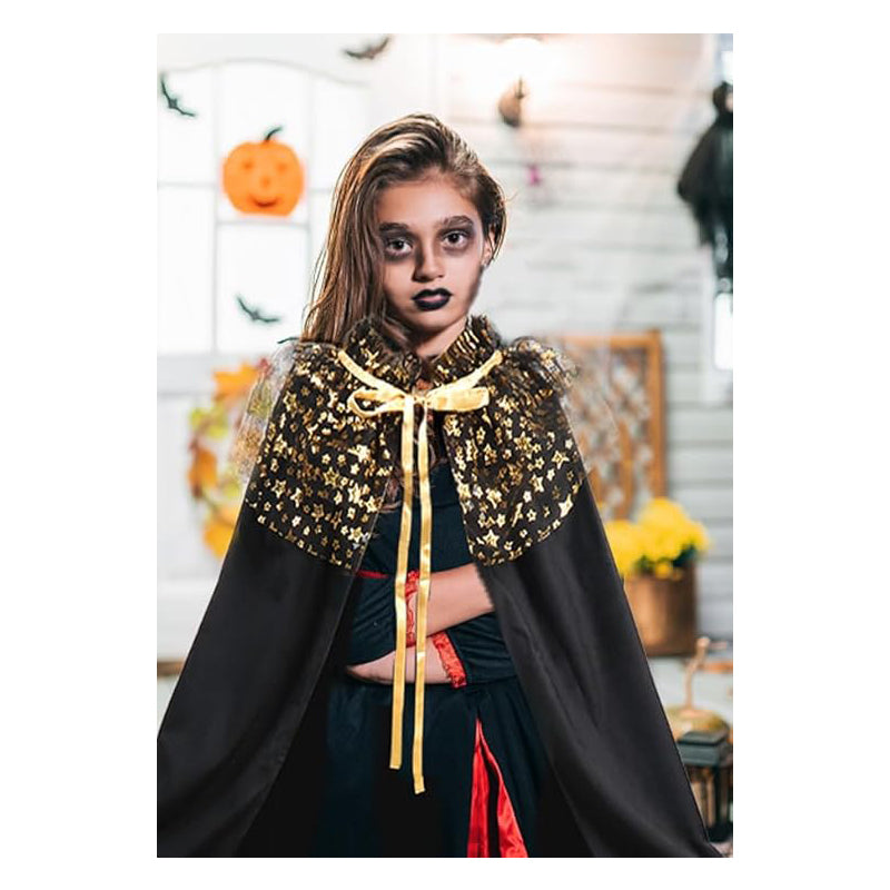 Girl Witch Cape with Velvet Ruffled Starry Mesh Wizard Cloak Cosplay Cape for Halloween