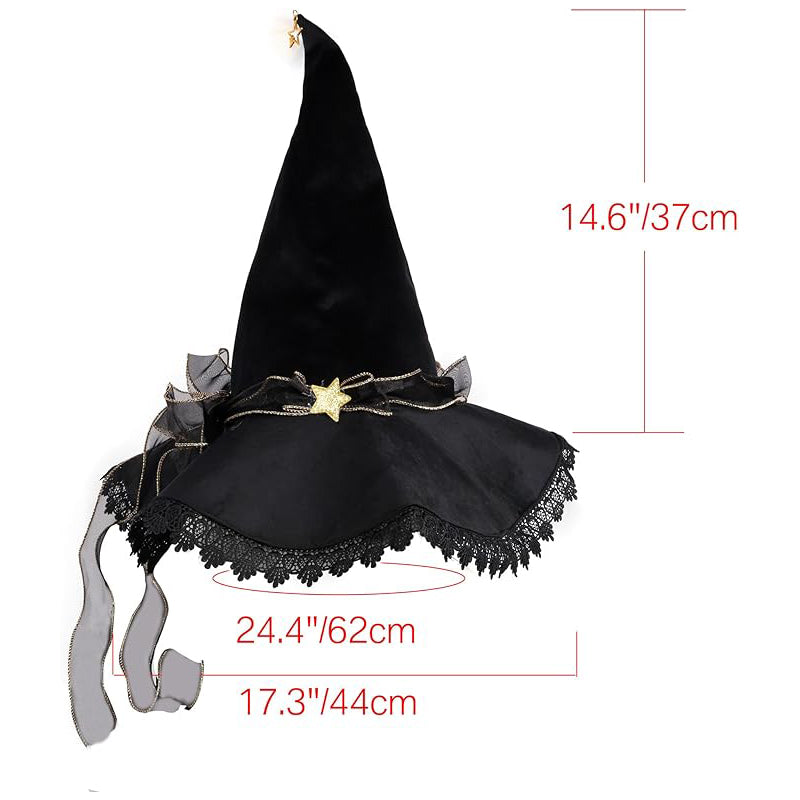 Women Witch Hat Black Velvet with Lace Brim Wizard Cosplay Hat