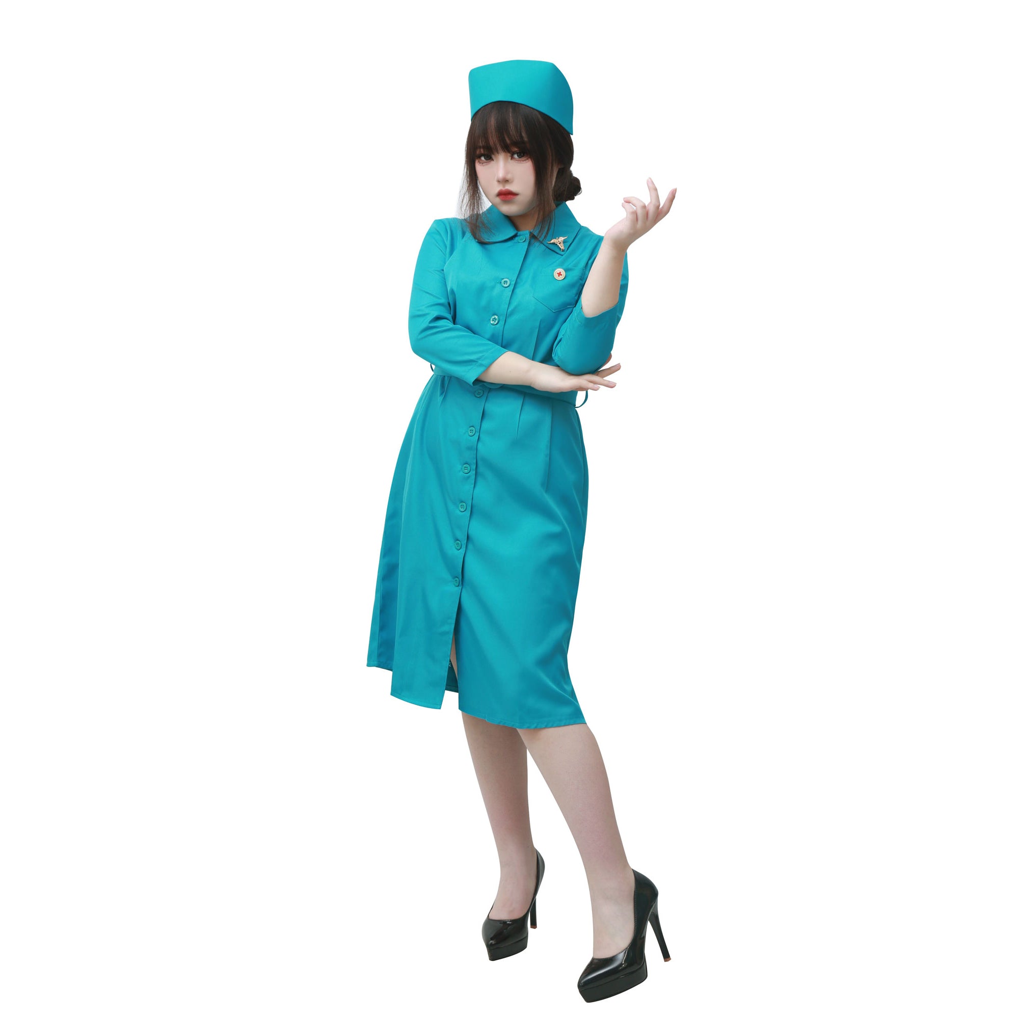 Ratched Cosplay Costume Blue Nurse Dress with Belt and Hat