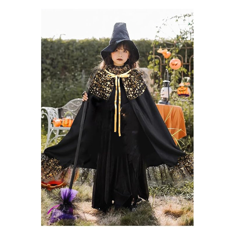 Girl Witch Cape with Velvet Ruffled Starry Mesh Wizard Cloak Cosplay Cape for Halloween