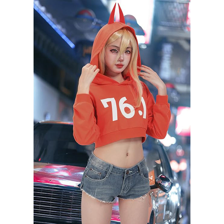 Women 76.1 Power Cosplay Hoodie Crop Shirt with Horns