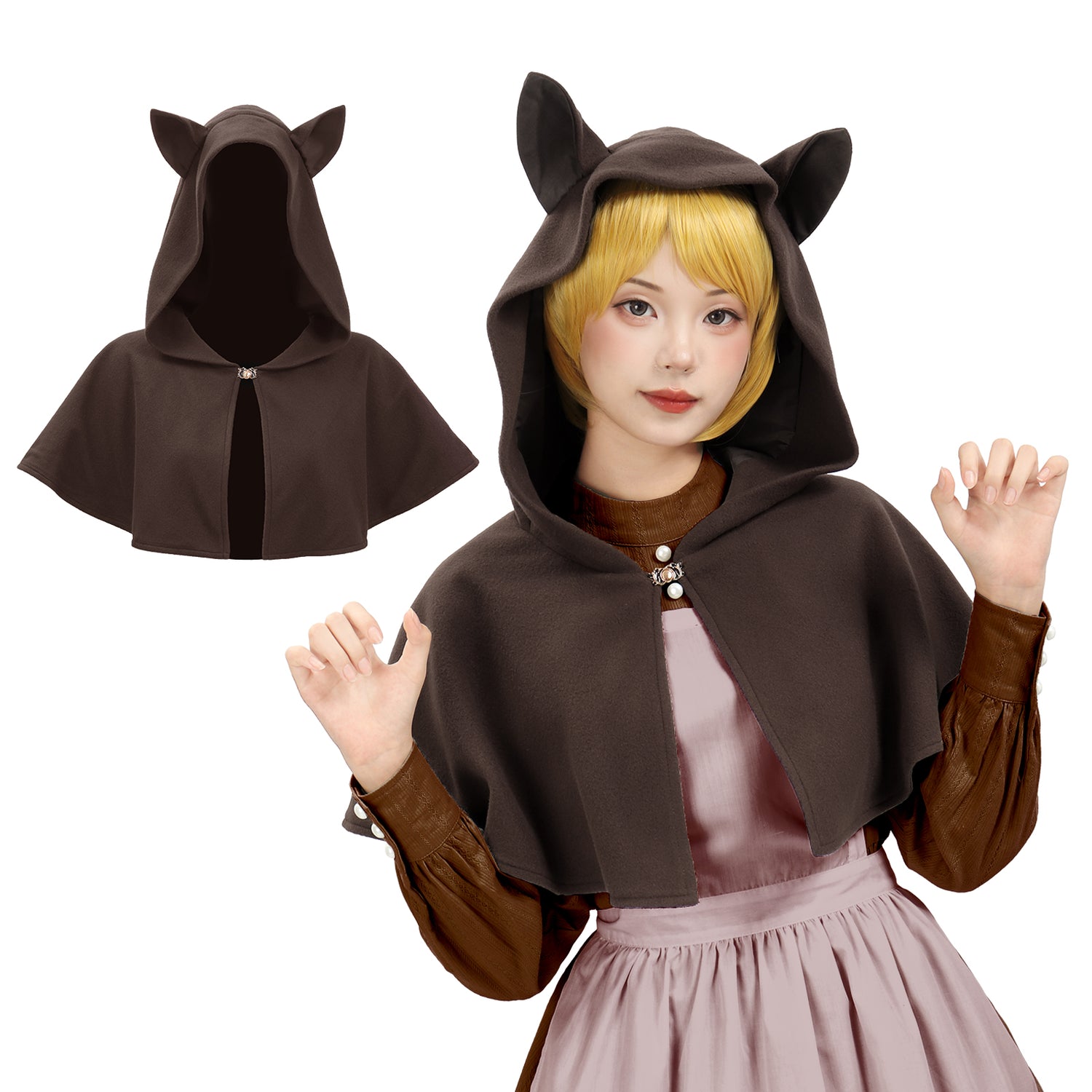 Women Medieval Cowl Hood with Cat Ear Vintage Hat Cloak Cosplay Cloak