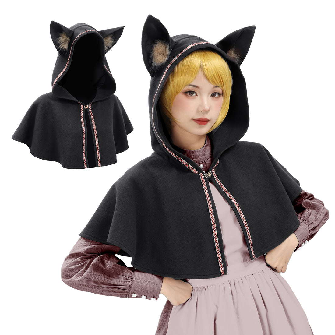 Women Medieval Cowl Hood with Cat Ear Vintage Hat Cloak Cosplay Cloak