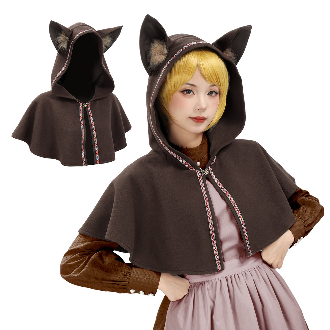 Women Medieval Cowl Hood with Cat Ear Vintage Hat Cloak Cosplay Cloak