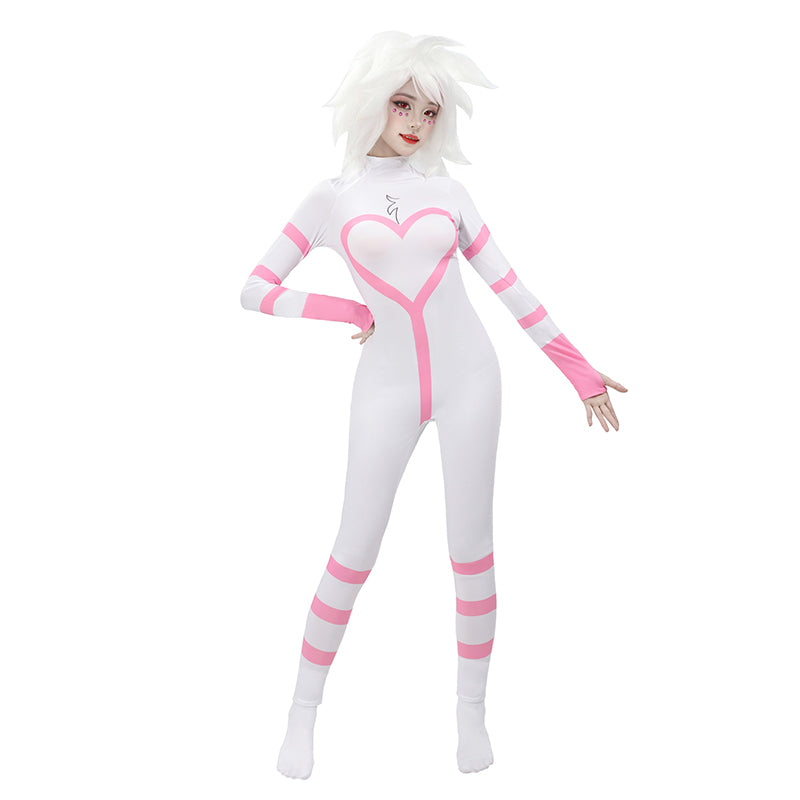 Women Angel Dust Cosplay Bodysuit Costume Jumpsuit Anime White Outfit for Halloween